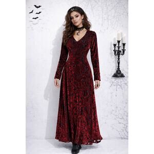 Vintage Tessuto 90s Whimsygoth Maxi Dress Sz S Silk Floral Velvet Mesh Red Black